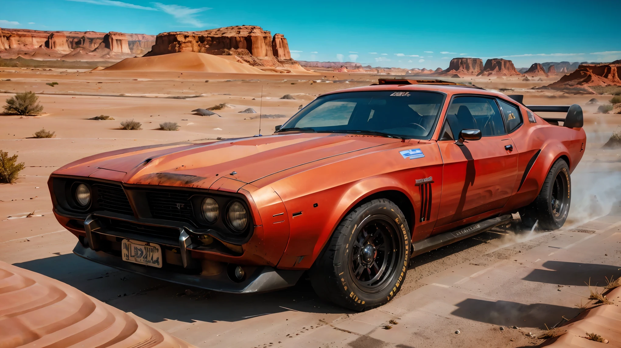(highest quality:1.2, Very detailed, High Contrast, masterpiece:1.2, Best Quality, Best aesthetics), Mad Max, Ford Falcon XB, ((Black coloring)), V8 Interceptor, supercharger, Equipped with twin overhead cams, A jet-black special pursuit vehicle tuned up to 600 horsepower., Running in the wilderness, Sand Dust, Dynamic Angle, Cinema lighting, Dynamic light and shadow,High resolution, Sharp focus, Speed, Uplifting, Rich colors, beautiful, Correct perspective, background blur taste,