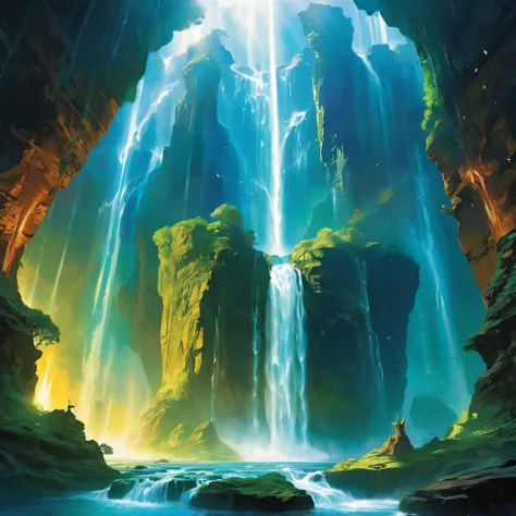 mysterious realm asgard, in the expanse of the universe, a beautiful waterfall cascading from the sky, illuminated by the rays o...