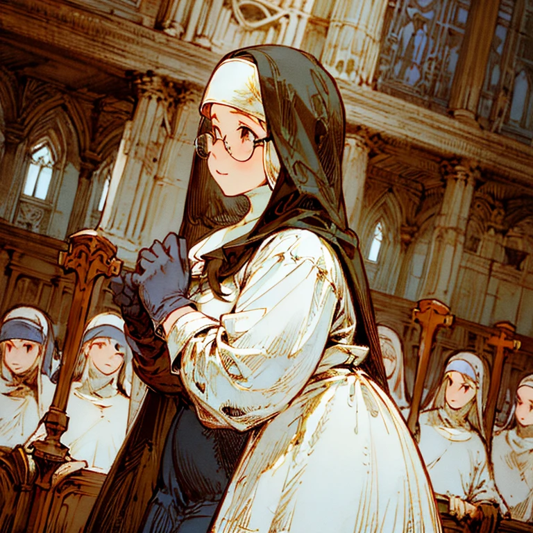 (masterpiece:1.2, Best quality, absurdity, realistic, detailed face), 1 girl, a nun, church, alternative hairstyle, detailed background, I look at the viewer, glasses, front, plump, Torn dress, gloves, chubby