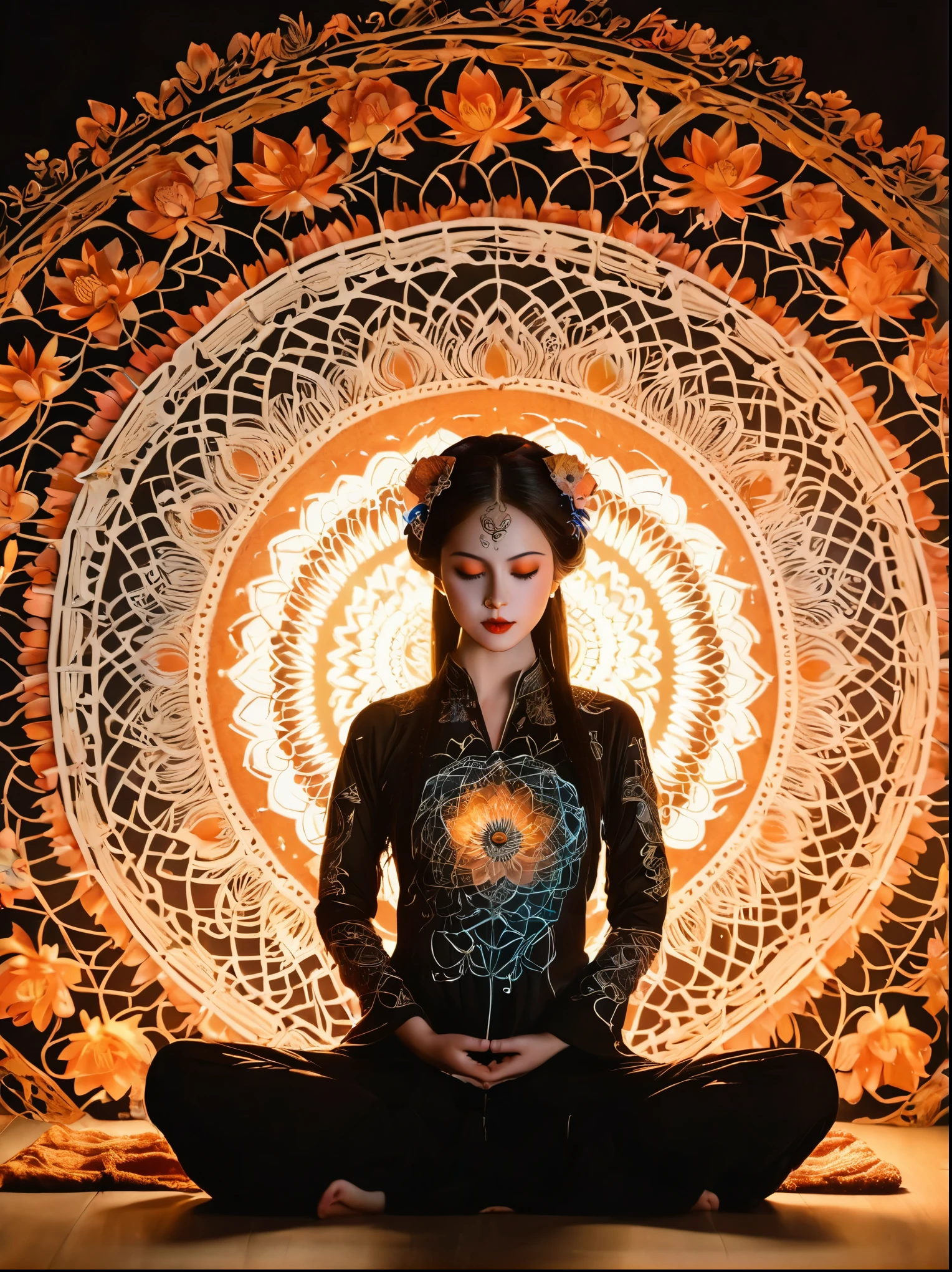 Full body photography of girl in lotus pose，Raw, movie shot, (Sharp focus:1.5), (Reality:1.4), Dusk lighting, Volumetric Lighting, Ultra-high resolution,Dramatic Lighting, White background,（Zentangle，Mandala，Tangle，Entanglement), Fox Demon，Fox Mask，Short coat, Foxfire Curse, fox family, Transformation, Depth of Field, dreamy atmosphere, Chaos in its most beautiful form, grace, Brutalist design dark theme, Flower of Death, Flowers of ecstasy，Glowing Line,Glow Example，Tracking example，flash， Backlight，translucent，Light Particles