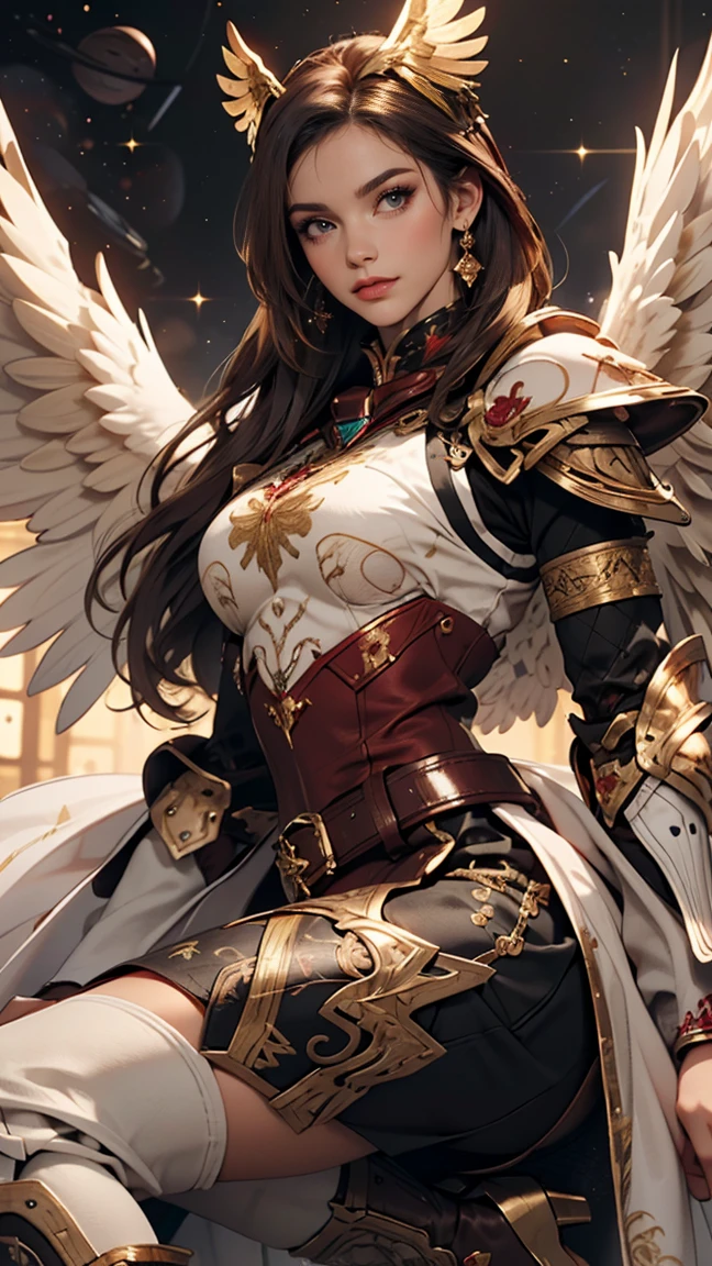 Best quality, 8K,woman, beautiful and detailed face, straight long hair,big eyelashes,(((dark red and gold embroided space armour))),((big open angel´s WHITE wings)),armlets,black belt,high heels over the knee boots,white neutral scenario,DYNAMIC ANGLE, ((dynamic pose))