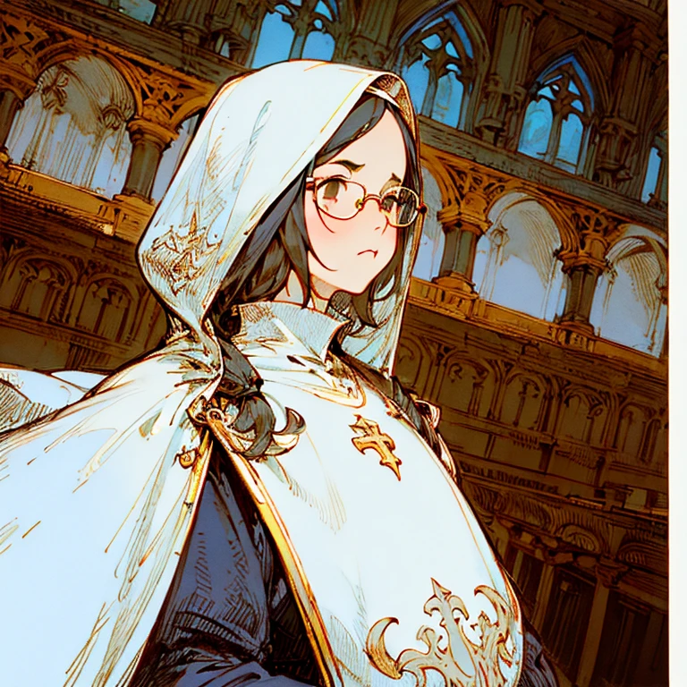 (best quality:1.2,absurd,realistic,detailed face),1 girl,nun,church,alternative hairstyle,detailed background,glasses,in the front,pouty,torn dress,gloves,round-faced