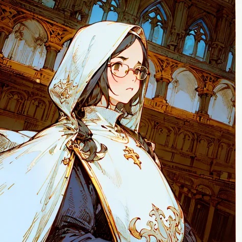 (best quality:1.2,absurd,realistic,detailed face),1 girl,nun,church,alternative hairstyle,detailed background,glasses,in the fro...