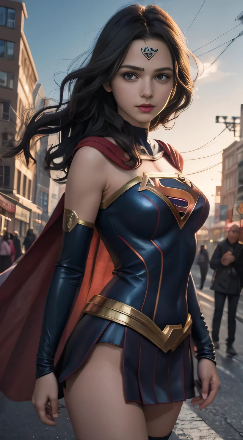 Arav woman in superhero costume standing on city street, Super Girl, Hero pose colorful city lights, gal gadot as Super Girl, emma watson as Super Girl, close up, anime visual of Super Girl, sydney sweeney, Corey Chase plays the Atlanteans, Maika Monroe Batgirl, 8K Artgerm bokeh, betty cooper, No characters, Ultra-high resolution，Black Hair, Hair shaking, victory, Long eyelashes, Solid round eye, A faint smile, ears red, direction, Surrealism, shadow, Relief, Stereogram, Standing picture, View, Atmospheric perspective, 8k, Super Detail, precise, best quality