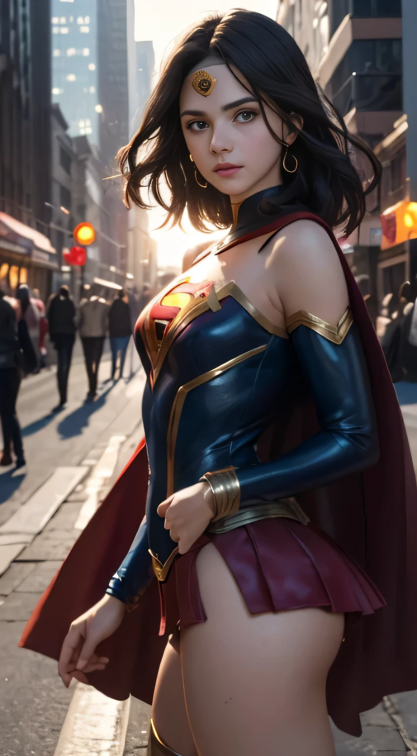 Arav woman in superhero costume standing on city street, Super Girl, Hero pose colorful city lights, gal gadot as Super Girl, emma watson as Super Girl, close up, anime visual of Super Girl, sydney sweeney, Corey Chase plays the Atlanteans, Maika Monroe Batgirl, 8K Artgerm bokeh, betty cooper, No characters, Ultra-high resolution，Black Hair, Hair shaking, victory, Long eyelashes, Solid round eye, A faint smile, ears red, direction, Surrealism, shadow, Relief, Stereogram, Standing picture, View, Atmospheric perspective, 8k, Super Detail, precise, best quality