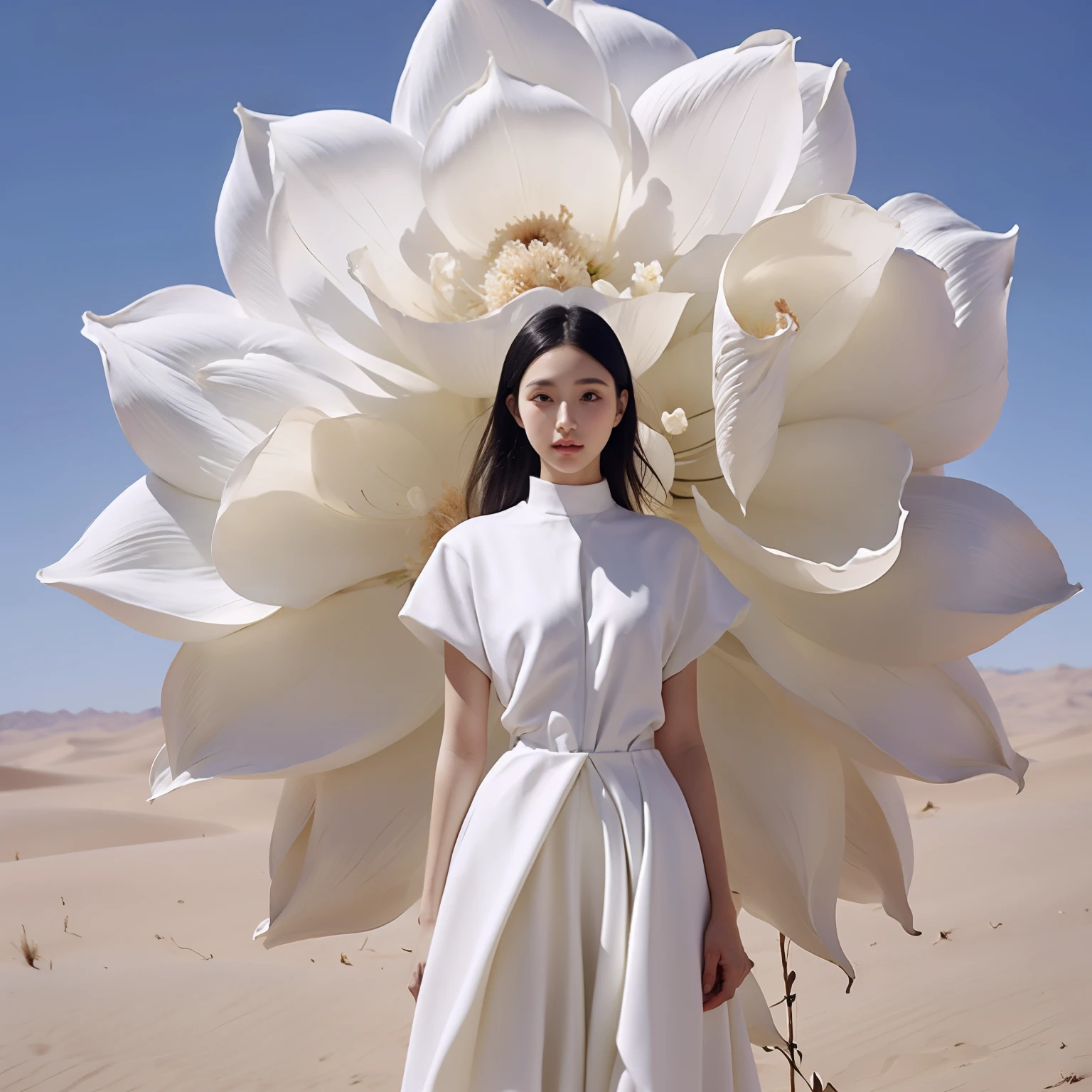 A girl，dress，individual，White skirt，Black Hair，Flowers，Arms on both sides，Looking at the audience，
Blue sky，Standing，Short sleeve，Sky，outdoor，Long hair floating up
