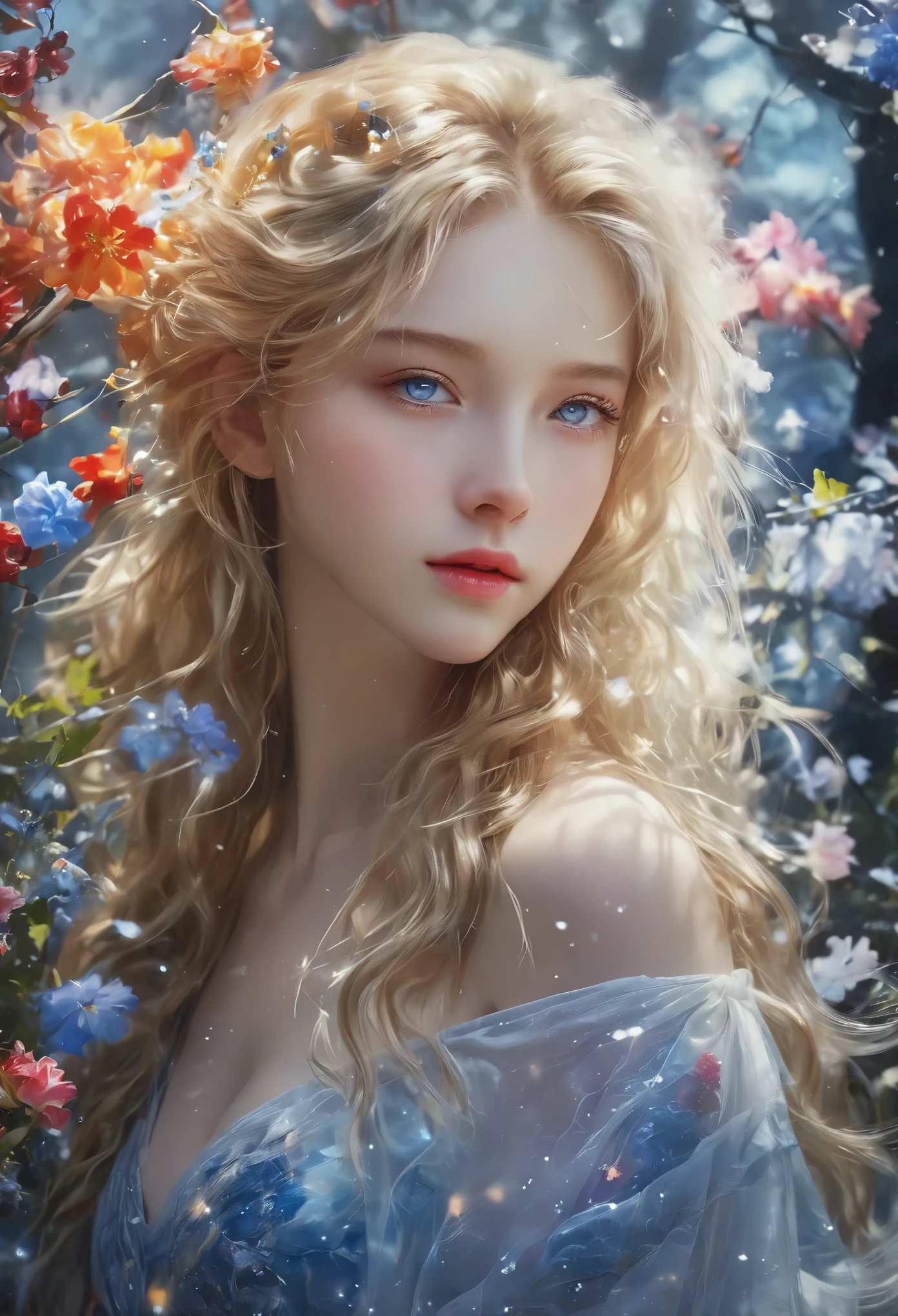 (covered with flowers:1.4), (1 Girl), blue eyes, Night Sky, joint, (Raw meat:1.3), (Blonde hair:1.3), interested in, Fire and Ice, (The image is split in half，Available in a variety of colors:2), (Gear attached to the body:1.2), Gold Plate, blue eyes, sapphire, liquid metal, Night Sky, (Look at an angle:1.3), (Fire and Ice), ((Laer Chrome)), (Hairpin:1.4), (forest:1.3), (FOG:1.3)