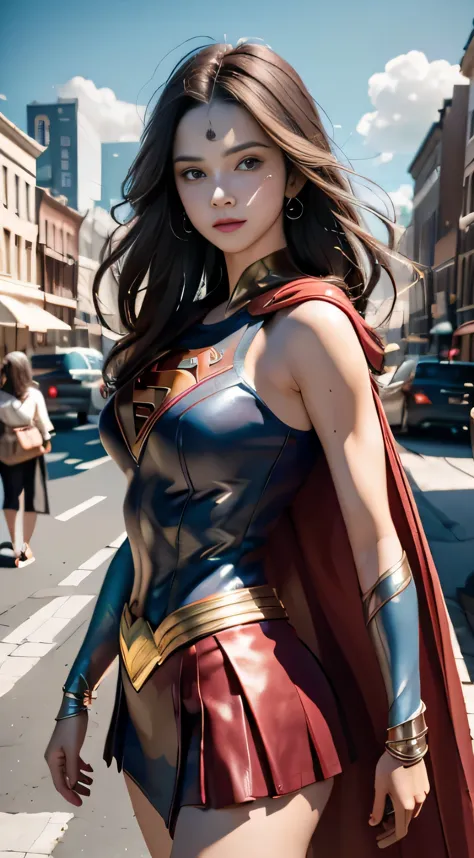 Arav woman in superhero costume standing on city street, Super Girl, Hero pose colorful city lights, gal gadot as Super Girl, em...