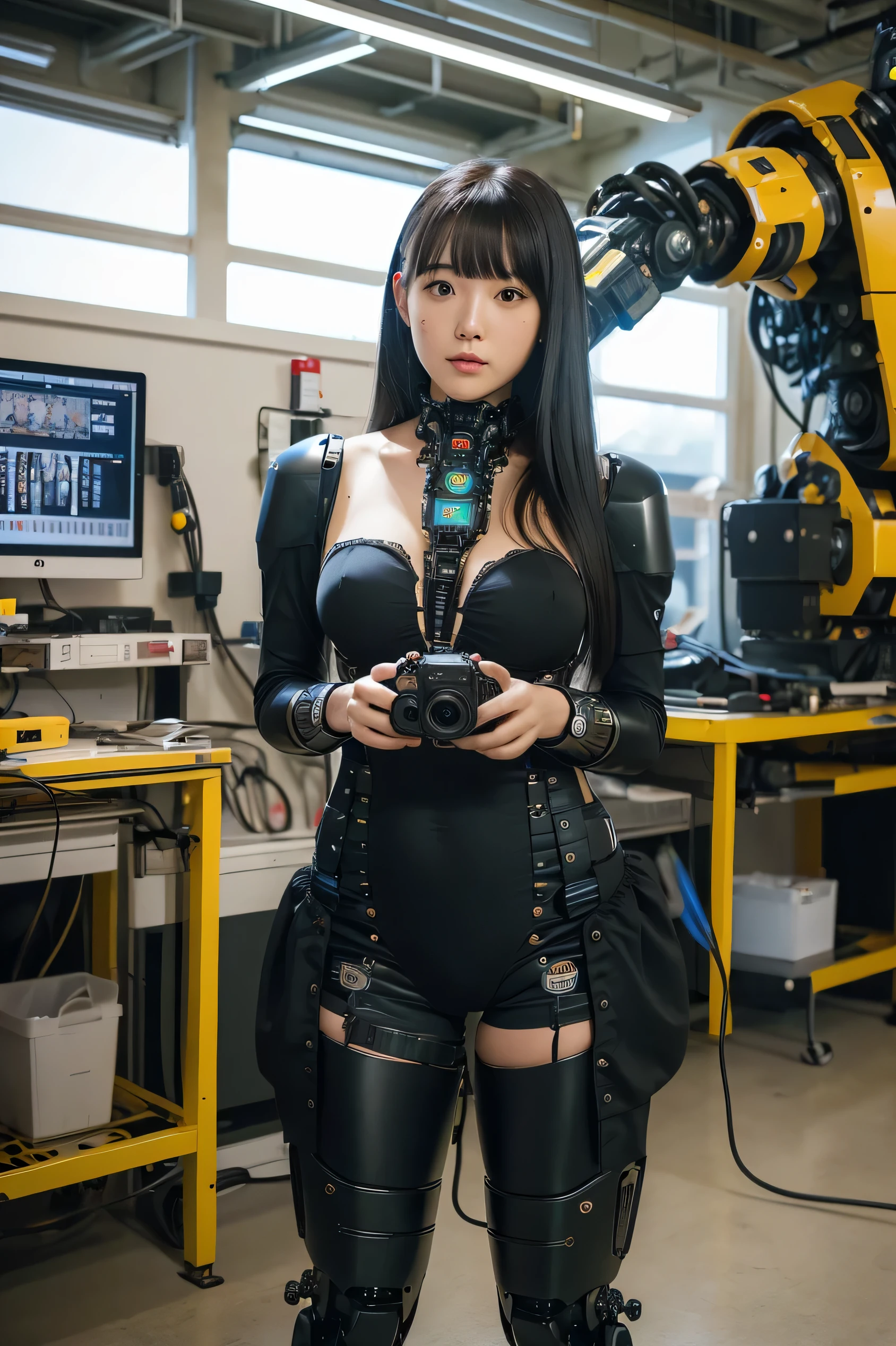 masterpiece, best quality, extremely detailed, Japaese android girl,portrait,Plump,a bit chubby,control panels,android,Droid,Mechanical Hand, Robot arms and legs, Black hair,Blunt bangs,perfect robot girl,long tube,thick cable connected her neck,android,robot,humanoid,cyborg,japanese cyborg girl ,robot-assembly plant,She is assembling now,assembly scene,camera eyes,chest monitor