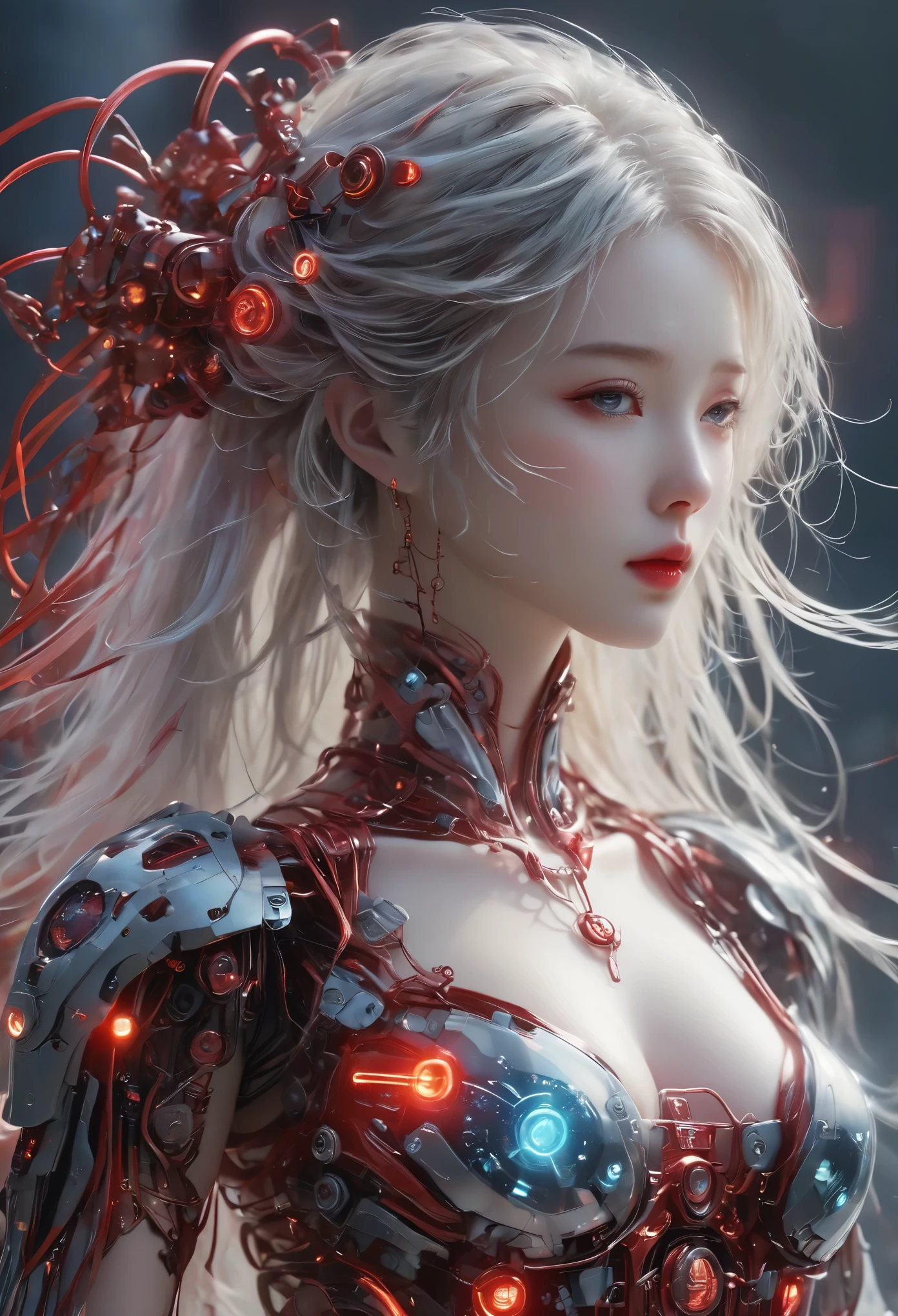 bailing robot, A metal robot with delicate mechanical patterns, gradient, Partial texture of a metal robot, monochrome, solo, weapon, greyscale, Matte Metal, wire, ((Dark)), epic, fantasy, ultra 1girl, white hair, perky breasts, (surrounded by rotating transparent red scrolls, floating transparent red Chinese characters, dynamic, rotating), flying, lying in the air, not looking at the camera, writing calligraphy, solo, blue eyes, holding, weapon, (holding weapon, neon, glowing, robot, mecha), cyberpunk, open hand, v-fin, movie lighting, strong contrast, high level of detail, female venom, perfect body, slender figure, bailing glitch effect, figure, line art, lufei, (wudang), See through, magic circle, magic array, Anime, 8k, best quality, masterpiece