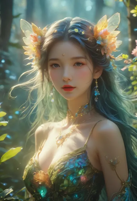 best quality，8k，HD，masterpiece，Ultra Detailed，lifelike，flash，Enchanted Forest，magical atmosphere，风景charming，Colorful，(闪闪glow的仙女)...