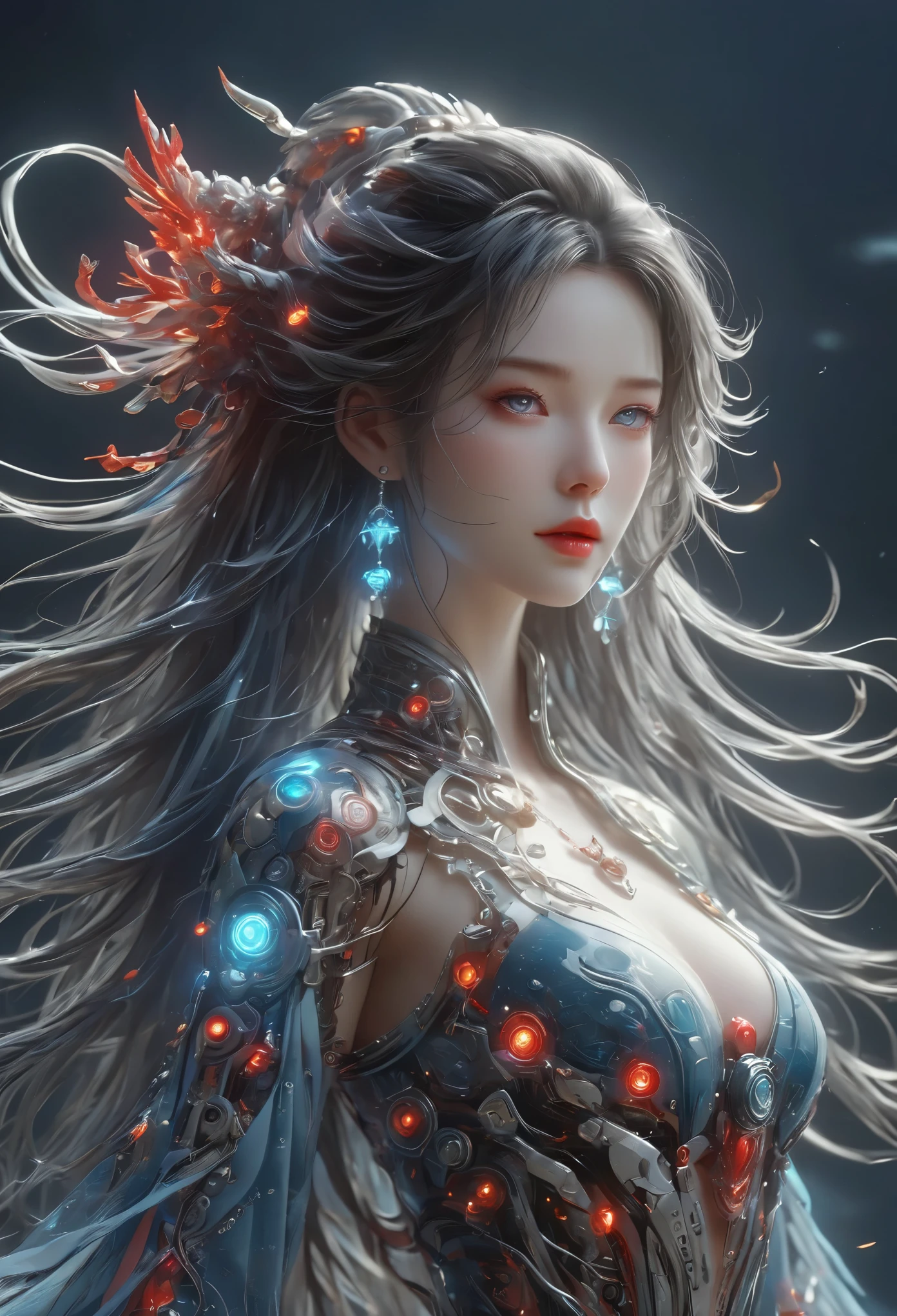 A metal robot with delicate mechanical patterns，Gradient，Partial texture of metal，monochrome，独奏，Grayscale，Matte metal，wire rod，dark，epic，Fantasy，Super，1 girl，White hair，Full breasts，Surrounded by the transparent red scroll of Rotation，Floating transparent red Chinese，dynamic，Rotation，flight，lying in the air，Don&#39;t look at the camera，Calligraphy，独奏，Blue eyes，Holding a weapon，Neon，Luminescence，，Mecha，cyberpunk，Open hand，V-shaped fins，Film Lighting，Strong contrast，High Detail，Female Venom，Perfect body，slim body，Bail glitch effect，Graphics，Line art，Luffy，（Wudang），see through，Magic Circle，Magic Circle，cartoon，8k，Best quality，masterpiece