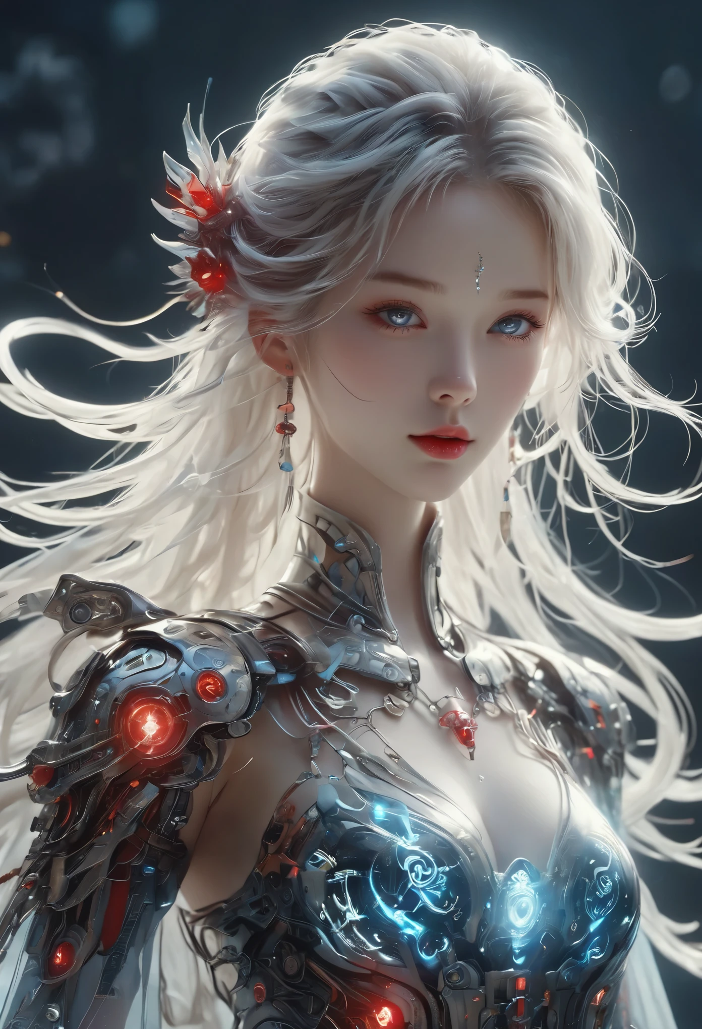 A metal robot with delicate mechanical patterns，Gradient，Partial texture of metal，monochrome，solo，Grayscale，Matte metal，wire rod，dark，epic，Fantasy，super，1 girl，White hair，Full breasts，被Rotation的透明红色卷轴包围，Floating transparent red Chinese，dynamic，Rotation，flight，lying in the air，Don&#39;t look at the camera，Calligraphy，solo，blue eyes，Holding a weapon，Neon，Luminescence，，Mecha，Cyberpunk，Open hand，V-shaped fins，Film Lighting，Strong contrast，High Detail，Female Venom，Perfect body，slim body，Bail glitch effect，Graphics，Line Art，Luffy，（Wudang），see through，Magic Circle，Magic Circle，cartoon，8k，Best quality，masterpiece