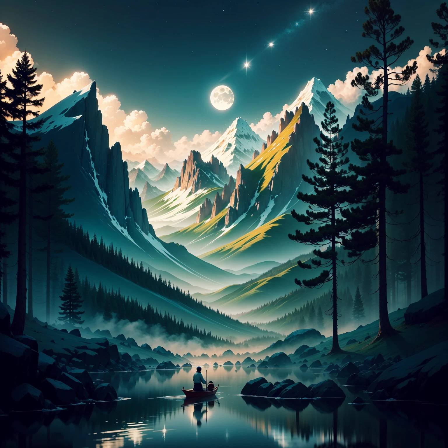 Here is a description of the scene in the style of a Japanese adventure animation:

The screen opens up to a breathtaking landscape, with towering mountains in the background and a night sky dotted with twinkling stars. The environment is wrapped in a magical and serene atmosphere, while a gentle breeze swings the grass and trees.
In the background we see a hill, the horizon illuminated by the full and radiant moon. The moon emits an intense silver glow, bathing the landscape in a soft, mysterious light. The reflection of the moon is reflected in the character's eyes, bringing an air of wonder and desire for discovery.

The wind subtly blows the trees,
giving movement and dynamism to the scene.

The whole scene is animated with vibrant colors and subtle contrasts, highlighting the beauty of the scenery and the aura of mystery of the moon. A trilha sonora suave, com instrumentos tradicionais japoneses, ecoa no fundo, increasing the sense of impending adventure.
This Japanese animated scene captures the excitement and grandeur of an epic journey, enquanto o personagem principal encara o horizonte iluminado pela lua, Ready to embark on an incredible adventure full of challenges and discoveries.