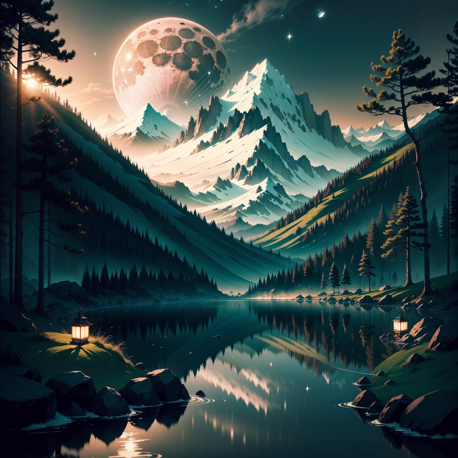 Here is a description of the scene in the style of a Japanese adventure animation:

The screen opens up to a breathtaking landscape, with towering mountains in the background and a night sky dotted with twinkling stars. The environment is wrapped in a magical and serene atmosphere, while a gentle breeze swings the grass and trees.
In the background we see a hill, the horizon illuminated by the full and radiant moon. The moon emits an intense silver glow, bathing the landscape in a soft, mysterious light. The reflection of the moon is reflected in the character's eyes, bringing an air of wonder and desire for discovery.

The wind subtly blows the trees,
giving movement and dynamism to the scene.

The whole scene is animated with vibrant colors and subtle contrasts, highlighting the beauty of the scenery and the aura of mystery of the moon. A trilha sonora suave, com instrumentos tradicionais japoneses, ecoa no fundo, increasing the sense of impending adventure.
This Japanese animated scene captures the excitement and grandeur of an epic journey, enquanto o personagem principal encara o horizonte iluminado pela lua, Ready to embark on an incredible adventure full of challenges and discoveries.
