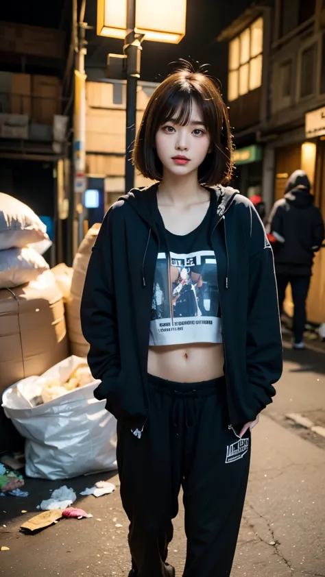 18-year-old,Korean women,((((Standing in front of the house)))),(((Dirty neon street at night))),(((Facing forward))),(((Frownin...