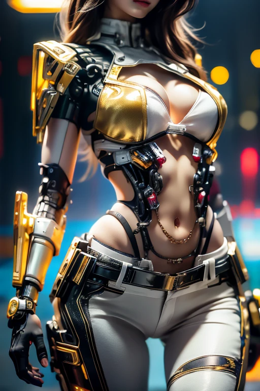 Virtual image,Realistic 8K images,hips up,Masterpiece,Complete Anatomy,Complete dynamic composition,morning sun,Light hits the front,young woman with long brown hair,staring at me.,A small but cute smile,The machine is connected to the machine...,Wear headphones with bright neon lights...,alone,,Has tattoos on his upper arms and stomach...,complicated details,strange details,future world,Above expectations,Cyberpunk ,Elegant cyberpunk,ลายไทย Thai motive,.,Hot cyberpunk,cybernetic robot((White-red-yellow-gold cyberpunk figure....)),Bikini body-,Jeans shorts,white tank top,The background of the large gears is deserted....