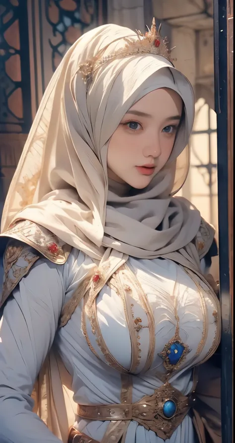 front body, wearing a hijab , crown luxury , blue eye, blond hair, around 17 years old, (golden silver hijab), tmasterpiece，best...