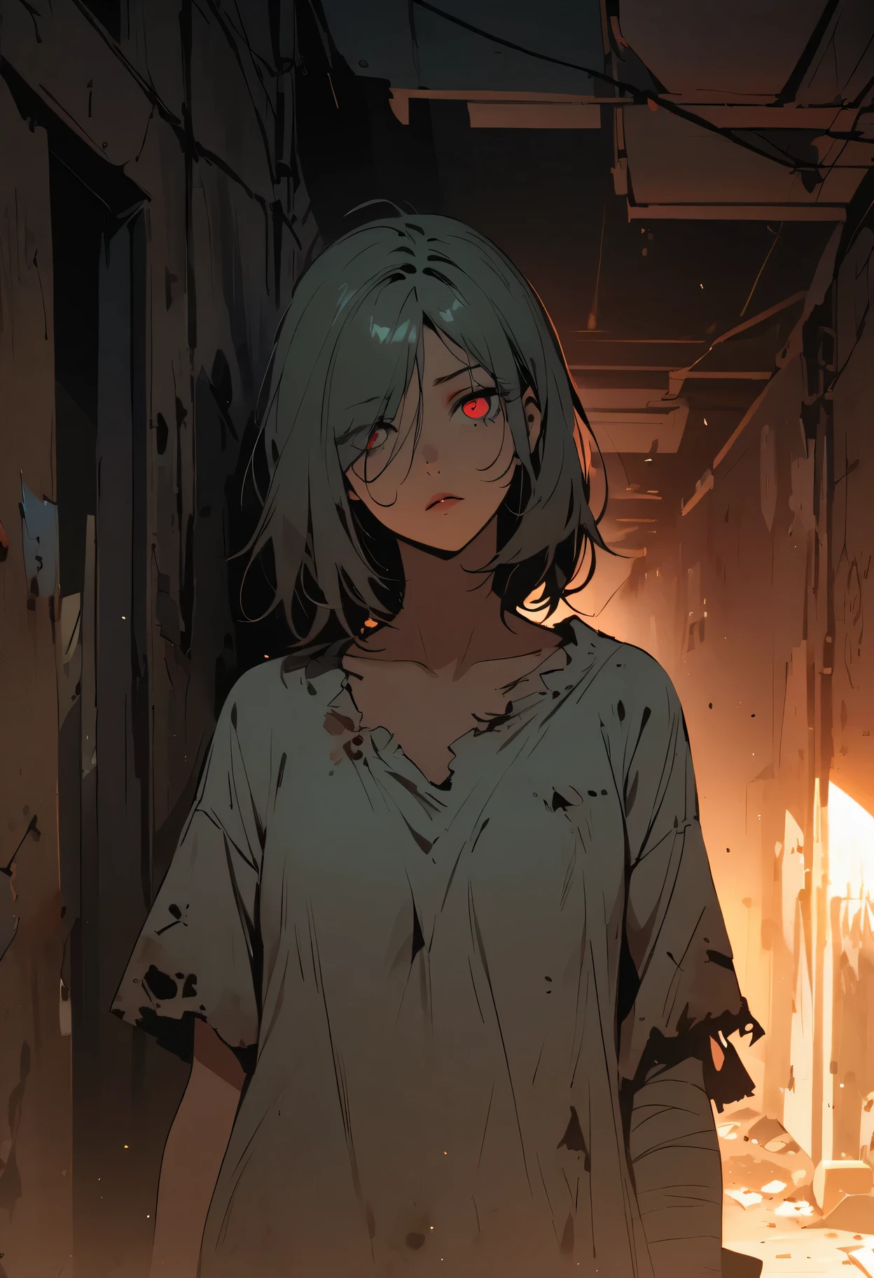 dark - comic-style:post-apocalyptic wasteland,desolate hospital,barren landscape,dusty atmosphere,overgrown with weeds,ruined buildings,crumbling walls,A girl wearing worn-out nurse uniform who was injured,a stretcher,abandoned medical equipment,flickering dim lights,shattered windows,faint sunlight peeking through the cracks,silence interrupted by distant echoes,decaying furniture and belongings,mysterious medical experiments,hauntingly beautiful,empty corridors and hallways,dirty bandages,makeshift bandages,muted colors,ominous clouds in the sky,ruined cityscape in the background,hope in her eyes,scattered papers and documents,decipherable symbols on the walls,evocative art style,contrast between destruction and resilience,heart-wrenching story hidden within the scene