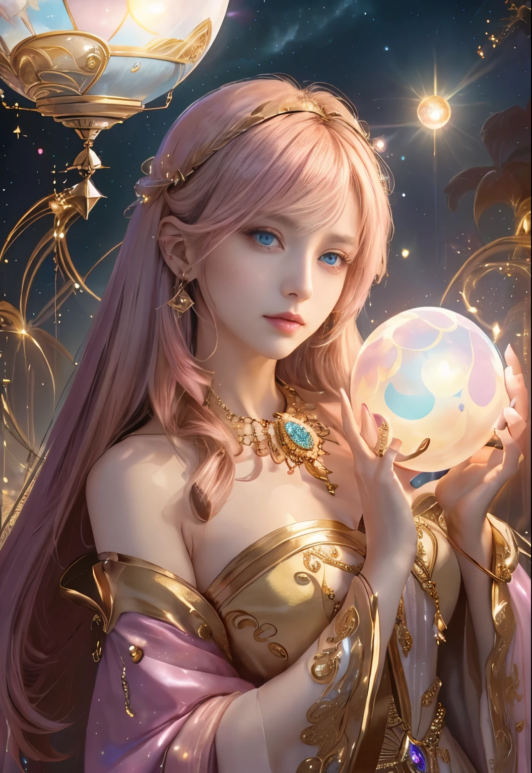 8K,(Detailed and natural looking:1.1)、Round droopy eyes,Perfect Makeup、30-year-old female、Goddess、A shining woman adorned with various jewels，((look straight at the camera:1.6))、Impressive、(Seeing the future with a big glowing sphere in hand:1.5)，Golden background，Watch this and predict、 in the center，rabbit decoration、Very bright color, Light Particles, The light shines, Wallpaper Art, UHD Wallpaper,Background pink、Divination for meditation、Mysterious、((Look forward:1.5))、moon shine、fortune teller、Mysterious atmosphere、In formal attire、Wearing clothes