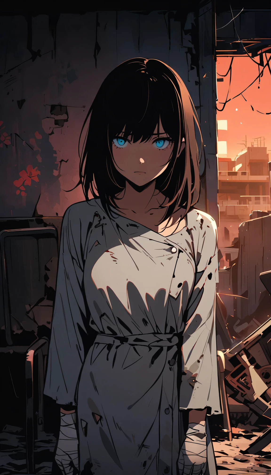 dark - comic-style:post-apocalyptic wasteland,desolate hospital,barren landscape,dusty atmosphere,overgrown with weeds,ruined buildings,crumbling walls,A girl wearing worn-out nurse uniform who was injured,a stretcher,abandoned medical equipment,flickering dim lights,shattered windows,faint sunlight peeking through the cracks,silence interrupted by distant echoes,decaying furniture and belongings,mysterious medical experiments,hauntingly beautiful,empty corridors and hallways,dirty bandages,makeshift bandages,muted colors,ominous clouds in the sky,ruined cityscape in the background,hope in her eyes,scattered papers and documents,decipherable symbols on the walls,evocative art style,contrast between destruction and resilience,heart-wrenching story hidden within the scene