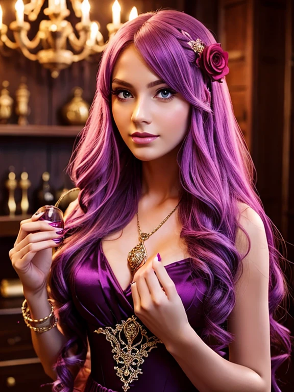 1girl, long hair, bright hair color, seductive eyes, mysterious expression, mature appearance, charming dress, flowing dress, elegant jewelry, intricate decoration, magic symbols, glowing accessories, potions, scrolls, cute accents, bows, ribbons, flowers,