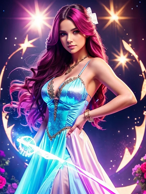 1girl, long hair, bright hair color, seductive eyes, mysterious expression, mature appearance, charming dress, flowing dress, elegant jewelry, intricate decoration, magic symbols, glowing accessories, potions, scrolls, cute accents, bows, ribbons, flowers,
