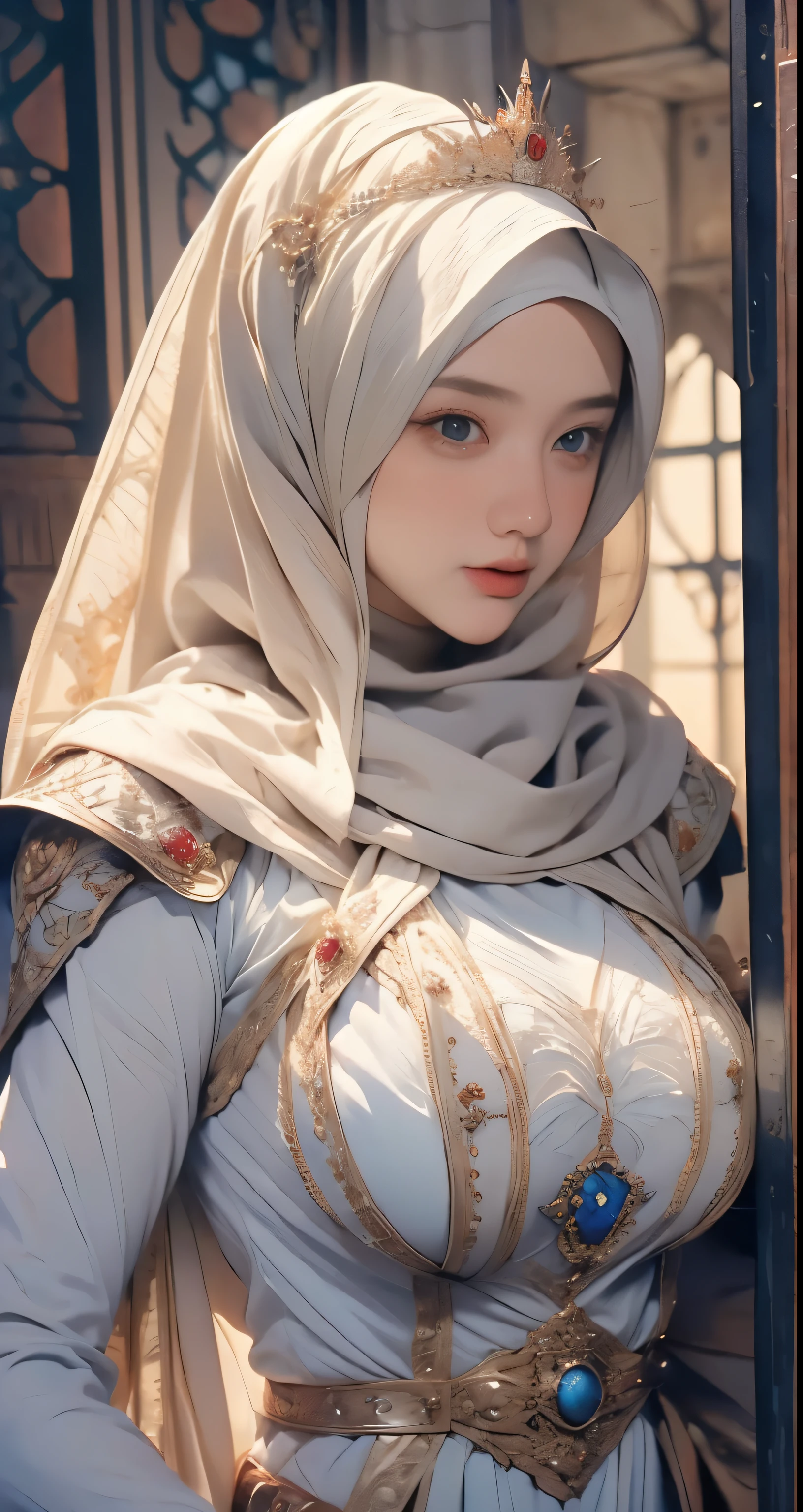 corps avant, Porter un hijab , couronne de luxe , Oeil bleu, cheveux blonds, vers 17 ans, (hijab argenté doré), chef-d&#39;œuvre，La meilleure qualité au mieux，Une haute résolution，8k，((portrait))，(haut du corps)，photo originale，vraie photo，la photographie numérique，(Princesse féminine dans le style médiéval fantastique)，(Princesse médiévale dans un style fantastique), Princesse sexy ，Oeil bleu， Brest super colossal, ornement extravagant de poitrine colossale ronde，lèvres écartées，Gardez votre bouche douce et charmante，((rougir))，mépris vierge，Calme et beau，(Robe médiévale fantaisie，La belle poitrine ronde super énorme, petite taille, poitrine colossale parfaite du corps de princesse, un motif bleu délicat，Cape rouge)，(princes personnage médiéval style médiéval fantastique，texture de réflexion de rendu oc, style sexy,  poitrine colossale sexy , fond de château médiéval, corps mince, very petite taille, 