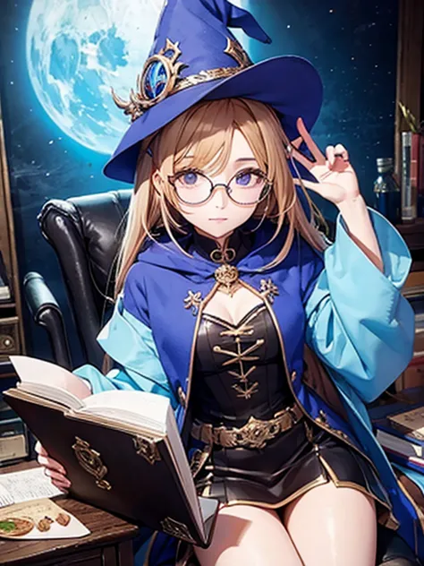 Fantasy　girl　Wizard　Round Glasses　Book　Cane　