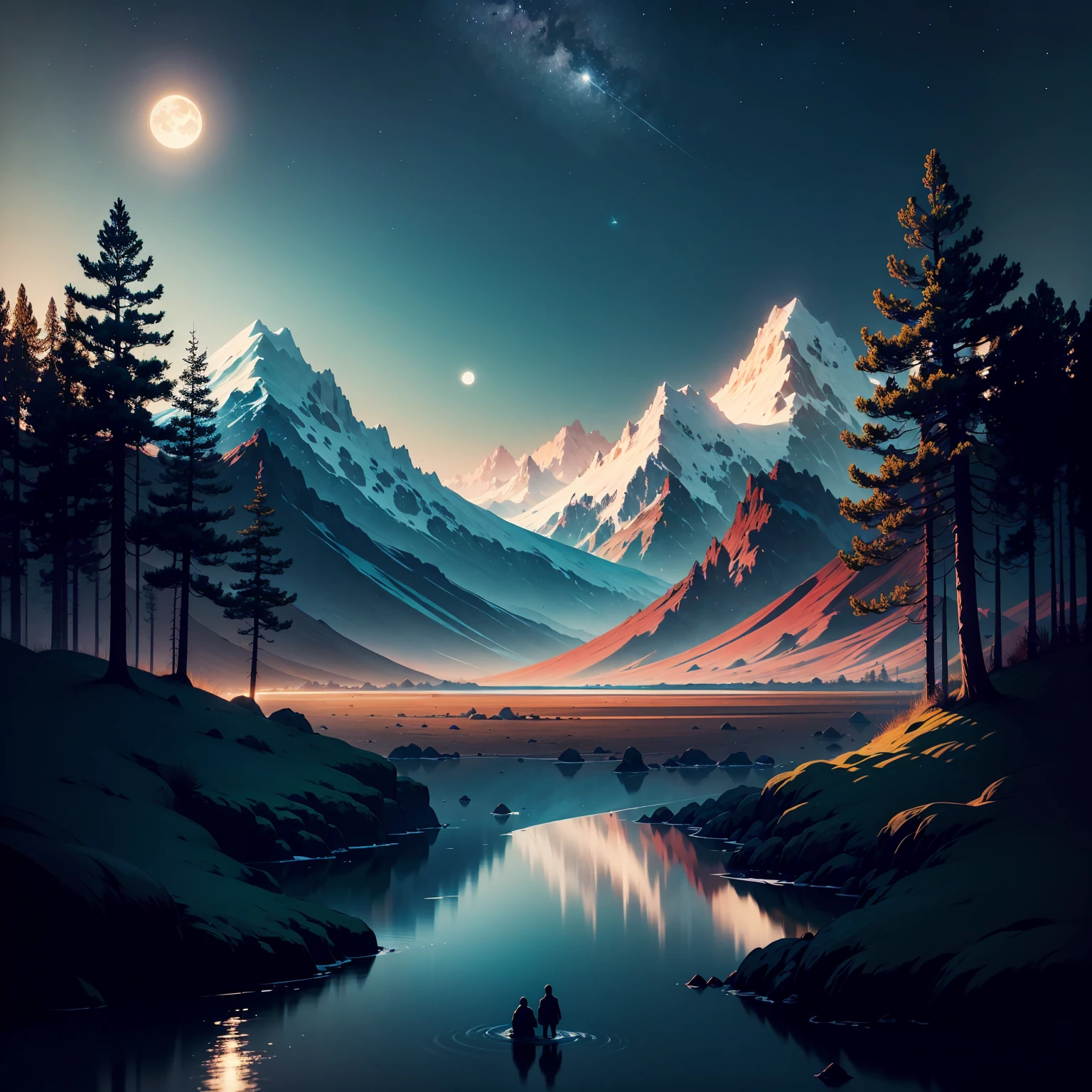 Here is a description of the scene in the style of a Japanese adventure animation: The screen opens up to a breathtaking landscape, with towering mountains in the background and a night sky dotted with twinkling stars. The environment is wrapped in a magical and serene atmosphere, while a gentle breeze swings the grass and trees. In the background we see a hill, the horizon illuminated by the full and radiant moon. The moon emits an intense silver glow, bathing the landscape in a soft, mysterious light. The reflection of the moon is reflected in the character's eyes, bringing an air of wonder and desire for discovery. The wind subtly blows the trees, giving movement and dynamism to the scene. The entire scene is animated with vibrant colors and subtle contrasts, highlighting the beauty of the scenery and the aura of mystery of the moon.
The soft soundtrack, with traditional Japanese instruments, echoes in the background,
increasing the sense of impending adventure.
This Japanese animated scene captures the excitement and grandeur of an epic journey, as the main character faces the moonlit horizon, Ready to embark on an incredible adventure full of challenges and discoveries.