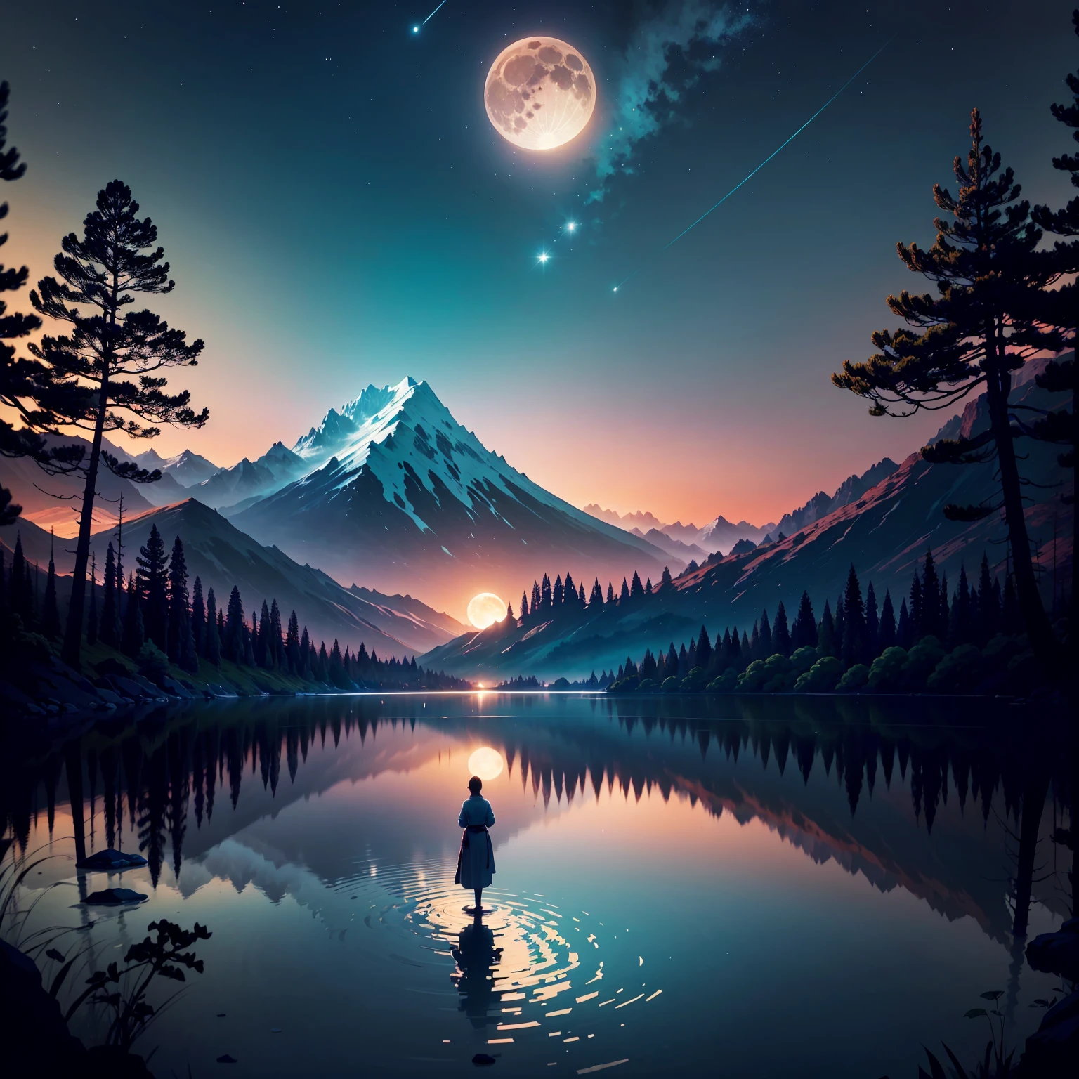 Here is a description of the scene in the style of a Japanese adventure animation: The screen opens up to a breathtaking landscape, with towering mountains in the background and a night sky dotted with twinkling stars. The environment is wrapped in a magical and serene atmosphere, while a gentle breeze swings the grass and trees. In the background we see a hill, the horizon illuminated by the full and radiant moon. The moon emits an intense silver glow, bathing the landscape in a soft, mysterious light. The reflection of the moon is reflected in the character's eyes, bringing an air of wonder and desire for discovery. The wind subtly blows the trees, giving movement and dynamism to the scene. The entire scene is animated with vibrant colors and subtle contrasts, highlighting the beauty of the scenery and the aura of mystery of the moon.
The soft soundtrack, with traditional Japanese instruments, echoes in the background,
increasing the sense of impending adventure.
This Japanese animated scene captures the excitement and grandeur of an epic journey, as the main character faces the moonlit horizon, Ready to embark on an incredible adventure full of challenges and discoveries.