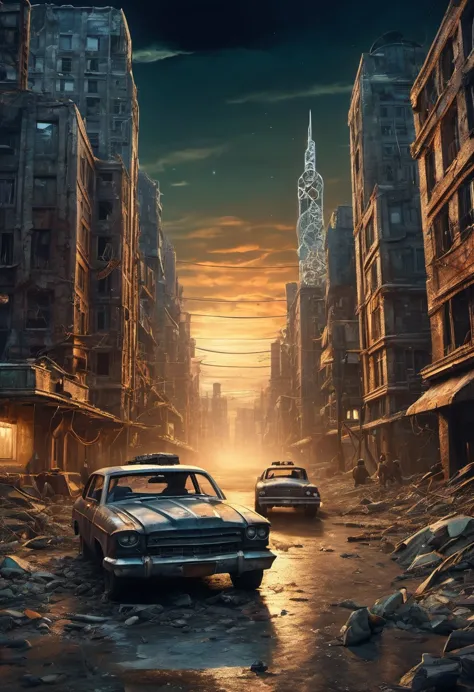 (best quality, high resolution, extremely sharp), magic, post-apocalyptic wasteland , city, car, people, on the curvature of pos...