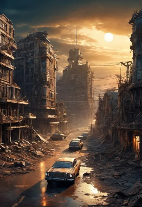 (best quality, high resolution, extremely sharp), magic, post-apocalyptic wasteland , city, car, people, on the curvature of pos...