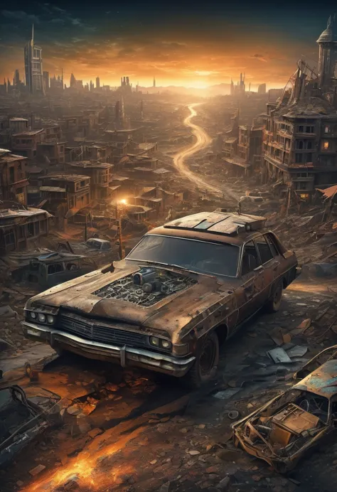 (best quality, high resolution, Extremely sharp), magic, Post-apocalyptic wasteland , City, car, people, On the curvature of pos...