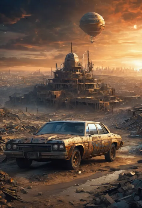 (best quality, high resolution, extremely sharp), magic, post-apocalyptic wasteland , city, car, people, on the curvature of pos...