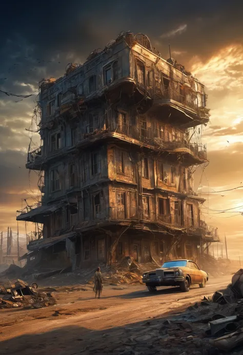 (best quality, high resolution, Extremely sharp), magic, Post-apocalyptic wasteland , City, car, people, On the curvature of pos...