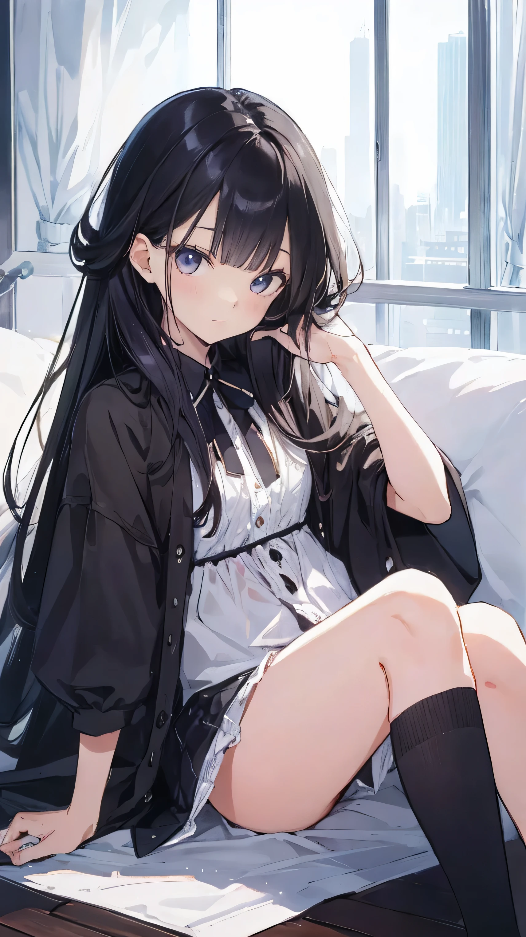 Anime girl sitting on a bed with her legs crossed - SeaArt AI