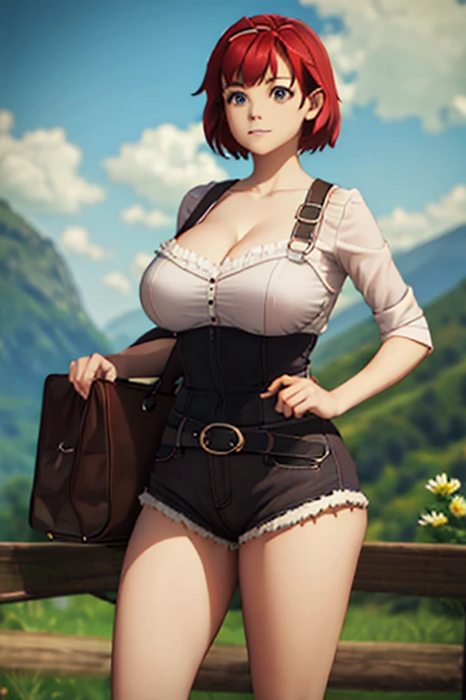 Cute girl, 18 years old, red short hair , bangs, big busty, stunning body fitness, awesome pussy nasty nudity, seductive, huge legs fingering solo,  detailed eyes, face and body, detailed perfect,  cgi landscape photography fanart