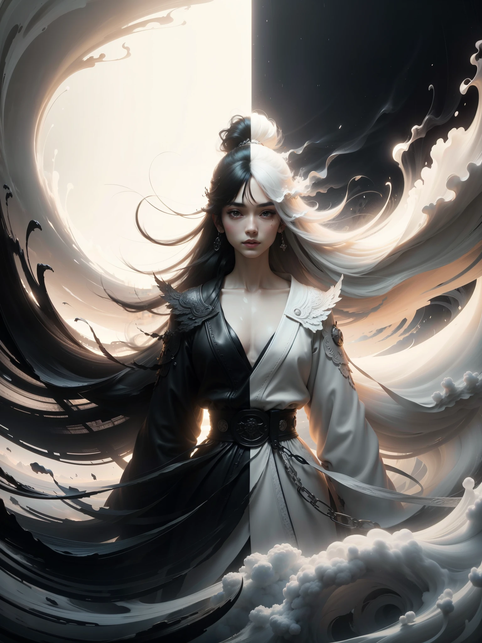 wabstyle, glowing, robe,  (fog,:1.2)  (mist:1.2), smoke, woman composed of white light,  woman composed of black smoke, fire, sun, (photorealistic:1.4), cowboy shot, cinematic angle, fisheye, motion blur, nude, sexly, shoujo kitou-chuu,blue fire, frie rain, Long hair fluttering in the wind, loong, wave, The best smile when you see me、cute emo woman, long dark (white and black hair), punk-rock Lolita, natural breasts, waist up portrait, full body portrait, fashion photography, long wavy white and black hair, ((long black leather coat)), perfect face, ((full body portrait)) no background, Ultra-high definition beautiful teeth, realistic hands, sassi_di_matera in background, wide angle landscape of Matera
