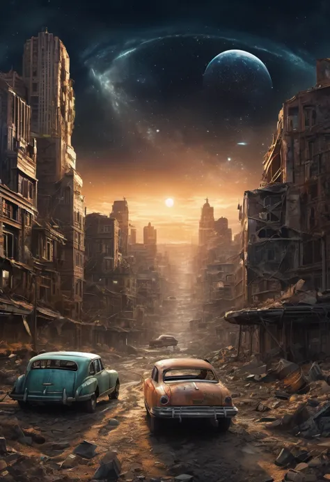 (best quality, high resolution, extremely sharp), magic, post-apocalyptic wasteland , city, car, people, on the curvature of pos...