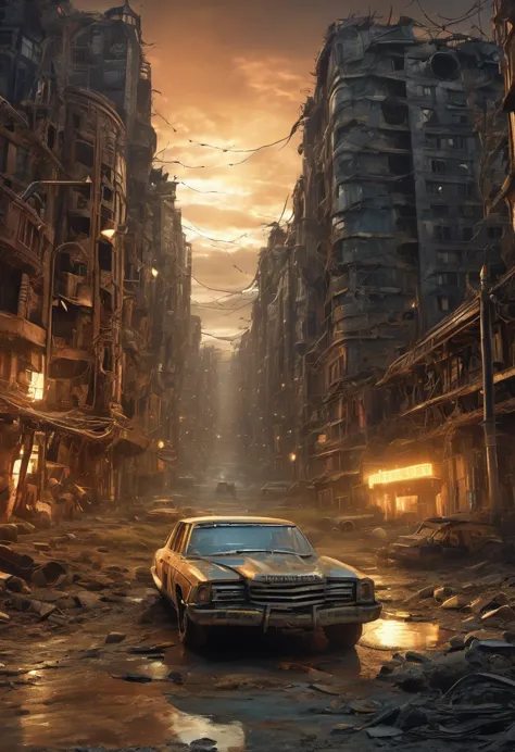 (best quality, high resolution, Extremely sharp), magic, Post-apocalyptic wasteland , City, car, people, On the curvature of pos...