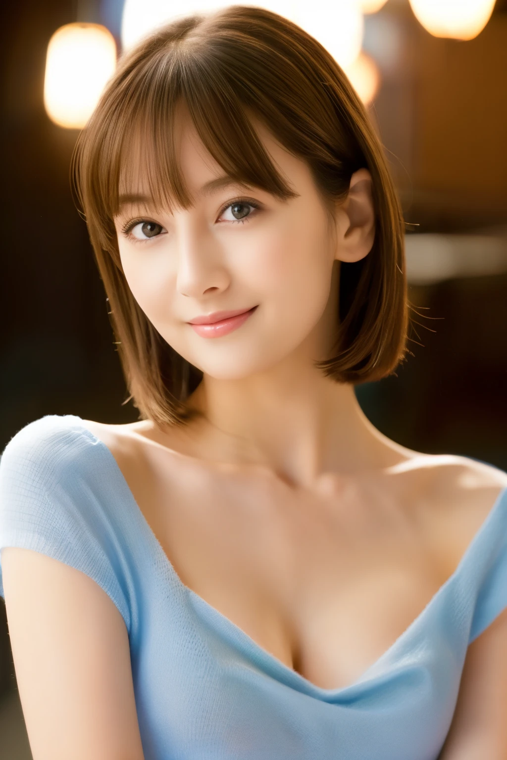 19-year-old girl, (Light blue V-neck sheer knit dress), (Cleavage), RAW Photos, highest quality, (Realistic), Very delicate and beautiful, Very detailed, 8k wallpaper, High resolution, Soft Light, Very detailedな目と顔, Beautiful and detailed nose, Fine and beautiful eyes, Cinema lighting, City lights at night, Perfect Anatomy, Slender body, Shapely breasts, (Straight hair), (short hair), (Look forward), (View your viewers), smile, Asymmetrical bangs, Light brown hair