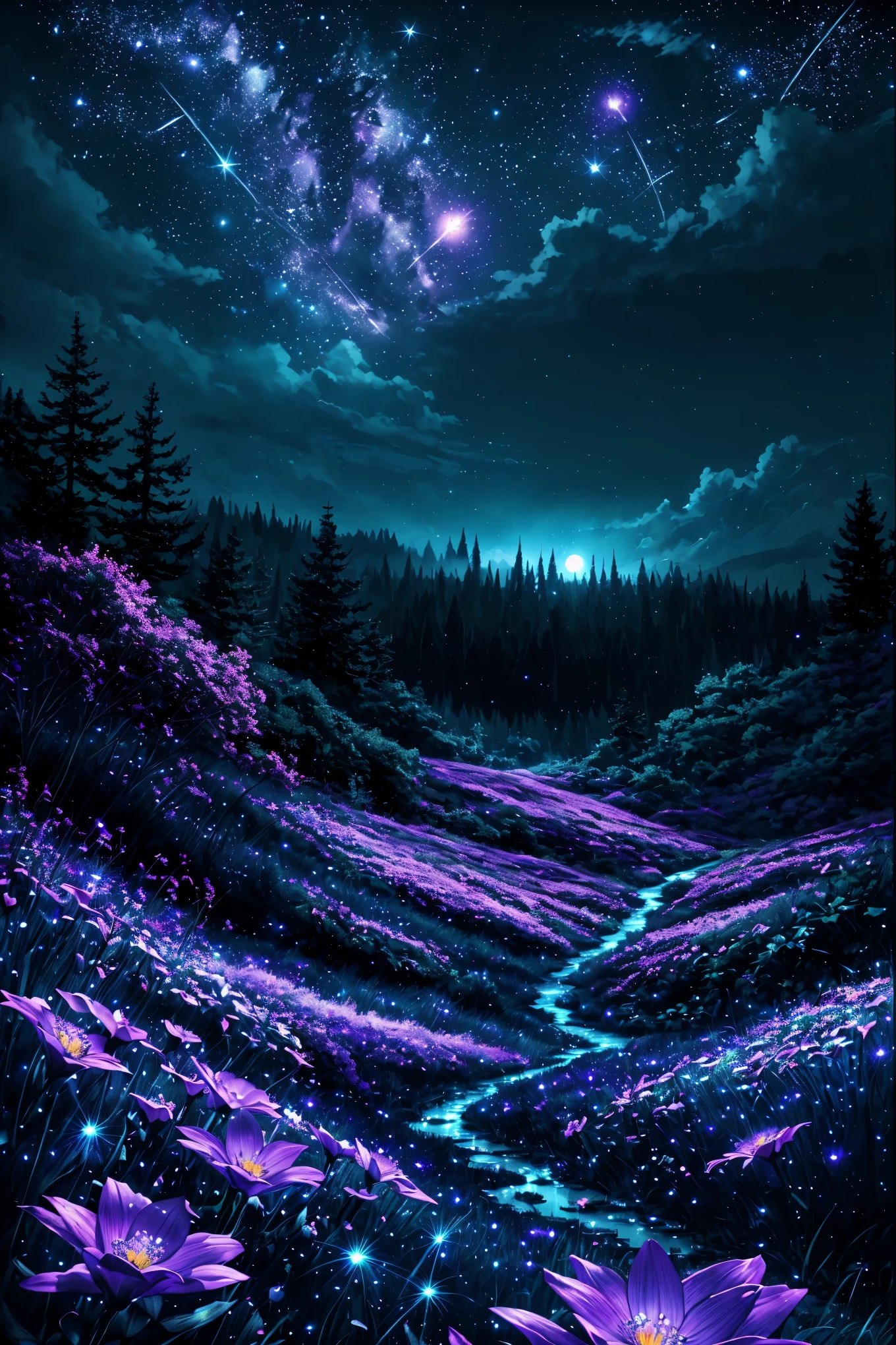 inmediato: paisaje, luz de la luna, Noche, Estrellas, luciérnagas, flores. Noche, mágico, Fantasía, mítico, 4k, 8k, extremadamente claro, Obra maestra, campo de profundidad, HDR, detallado, hiper calidad, vibrante, enfoque nítido, buena composicion, Vívido, colores brillantes, alto contraste,