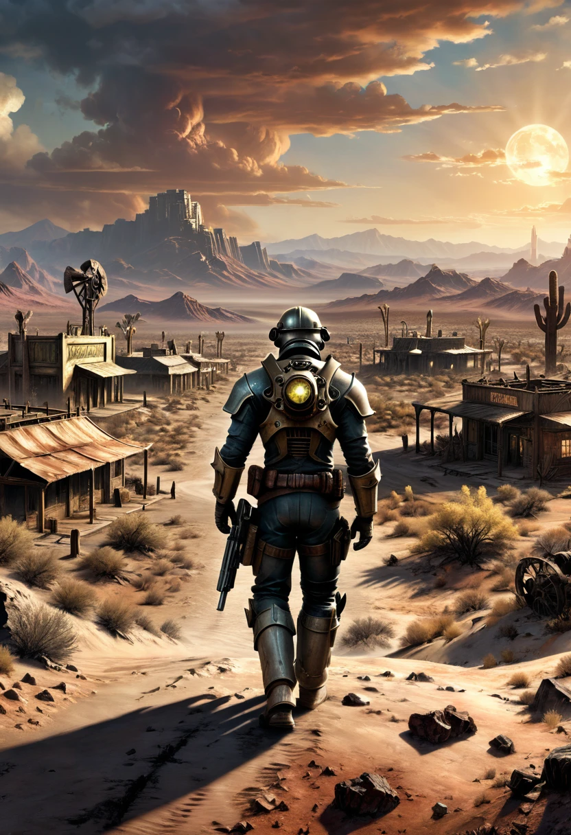 jeu "Fallout: New Vegas", Scénario post-apocalyptique, Ambiance désolée, Paysage dystopique, terre en friche, (chef-d&#39;œuvre, Meilleure qualité, professionnel, composition parfaite, très esthétique, absurdes, ultra-détaillé, détails complexes:1.3)