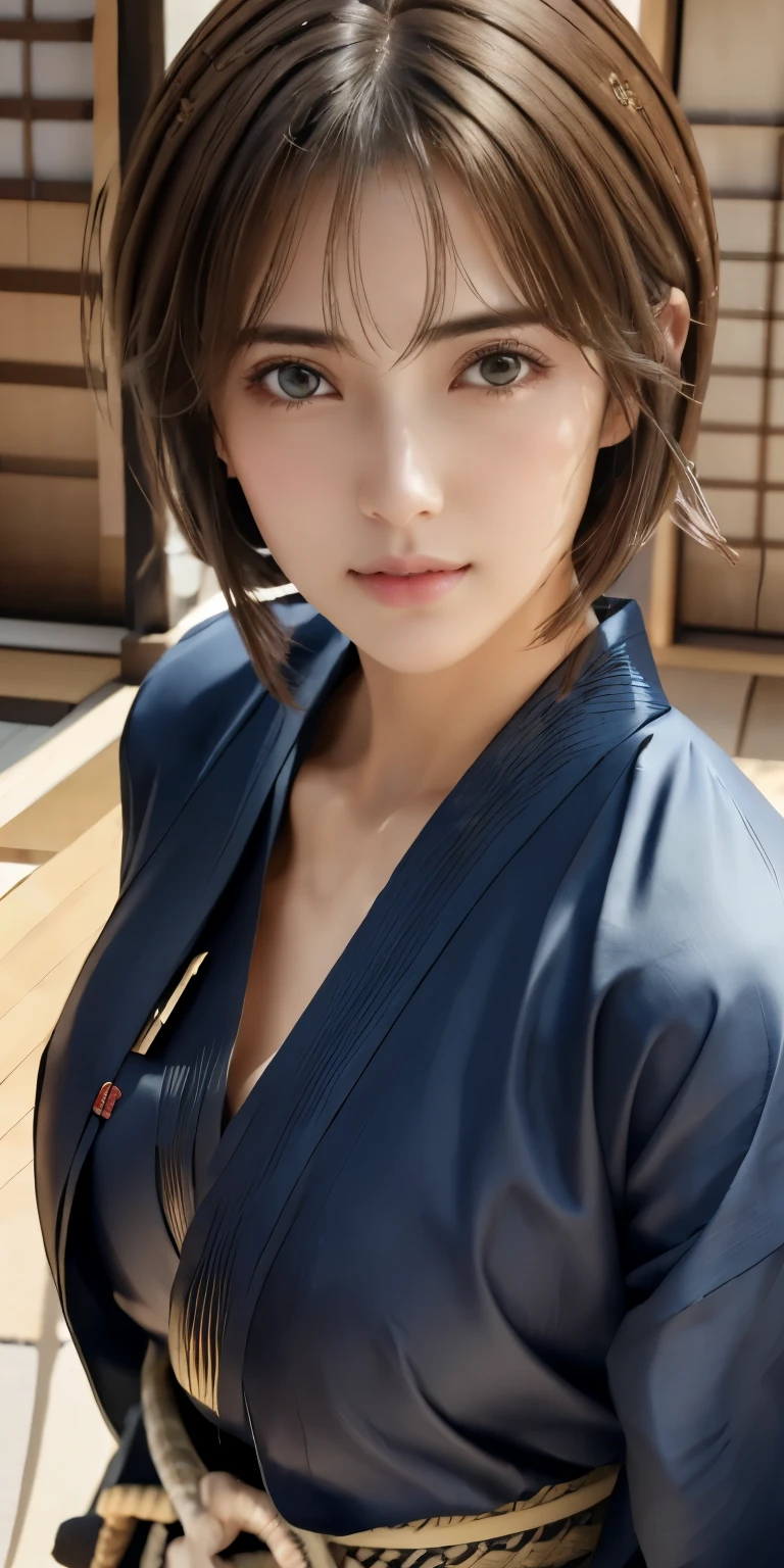 NSFW、16k、Photorealistic、highest quality、masterpiece、Ultra-high resolution、Raw photo、Realistic、Bright lighting、Face Light、Smooth Professional Lighting、Looking at the camera、alone、Adult women、Beautiful woman、Super Beauty、realistic skin、Moisturized Skin、Realistic eyes and faces、Perfect model body shape、Beautiful Eyes、Big eyes、Inconspicuous tear bags、slim、Medium sized big breasts、No bra、Camel Toe、Beautiful fingers、Very short hair、Very black hair、Very dark eyes、seems to be happy、((Both ears are hidden in the hair))、（A cowboy shot that shows the top of his head）、(((Swordsman、Hakama、Swordsmanship、dojo、samurai)))、
