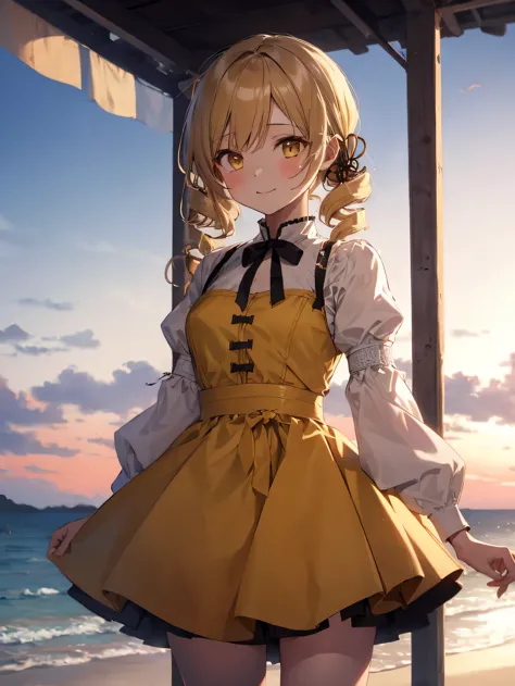 Ultra-detailed, High resolution,Sandy Beach、 8k,One Girl, (mami tomoe), Blonde, Drill Hair, Twin Drill, (Yellow Eyes:1.2), White shirt、Cute clothes, evening, sunset,Mami walking on the beach、Beautiful clear hair has an angelic charm、View from the front、Foc...