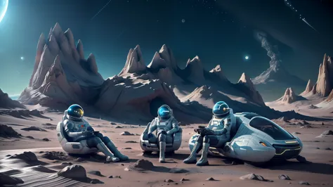 Sci-fi scene,Futurism，A sci-fi moon camper，On the surface of Mars，Four astronauts wearing space suits，Sitting next to the car,Bi...