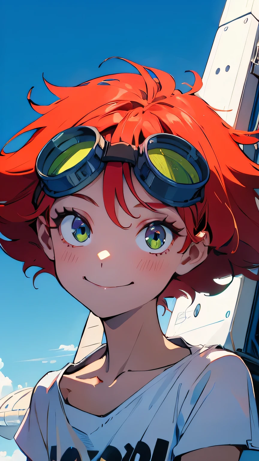 (Radical Ed:1.5), (Edward Wong Hau Pepelu Tivrusky IV), red hair, (Green goggles), white shirt, A once-in-a-millennium masterpiece, A photo you will never get again, Inexplicable high resolution, The cutest girl in the world, Ultra high definition eyes, Eyes that seem to draw you in, Jewel-like eyes, Extreme close up, smile, very slender, clavicle, , spaceship on the background, blue sky