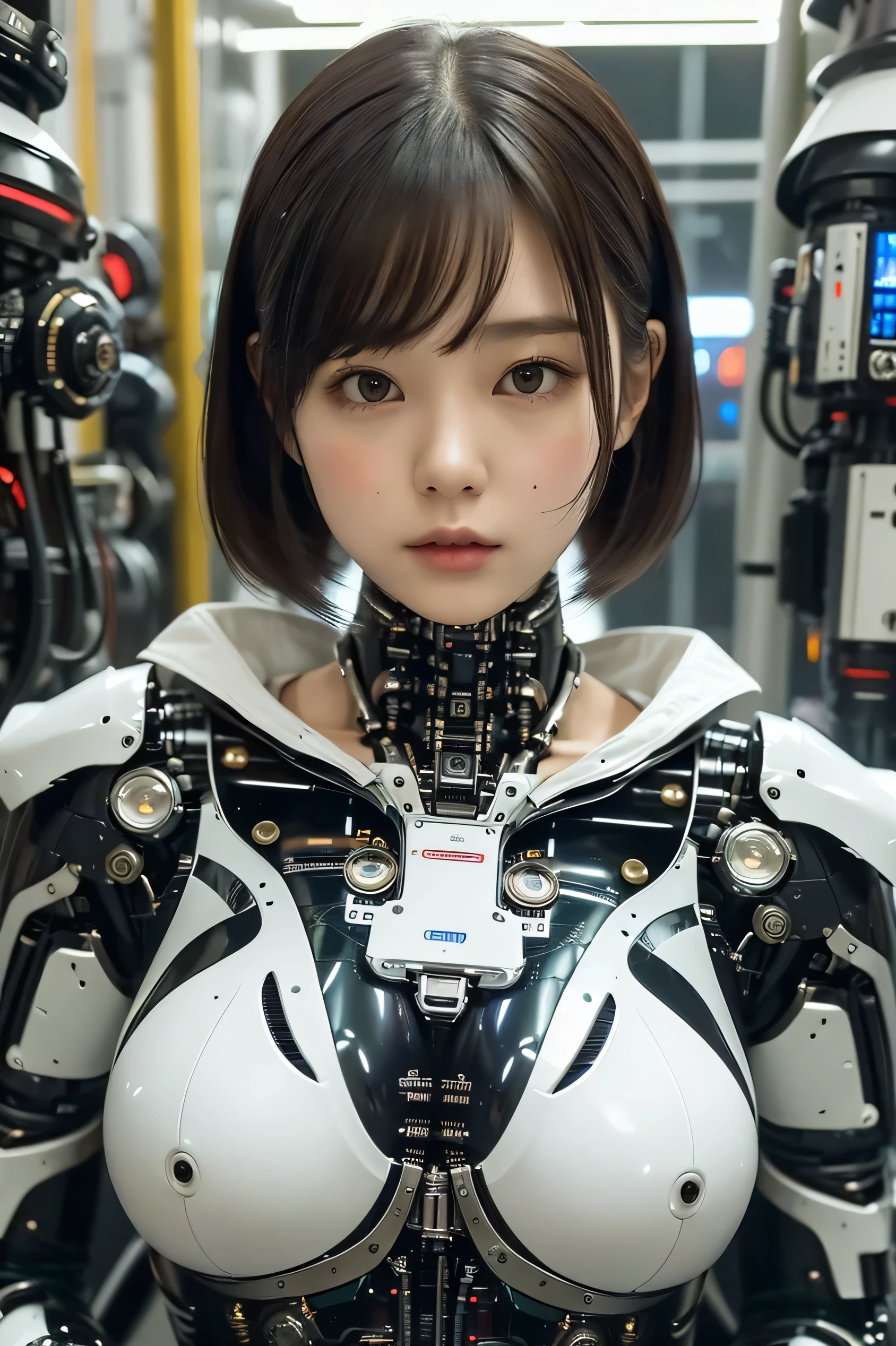 masterpiece, best quality, extremely detailed, Japaese android girl,portrait,Plump,a bit chubby,control panels,android,Droid,Mechanical Hand, Robot arms and legs, Black hair,Blunt bangs,perfect robot girl,long tube,thick cable connected her neck,android,robot,humanoid,cyborg,japanese cyborg girl ,robot-assembly plant,She is assembling now,assembly scene,camera eyes,chest monitor