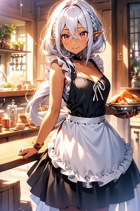 An elf woman, tanned black skin, beautiful silver hair, hair tied back, pointed ears, beautiful red eyes, pink lips, kitchen, we...